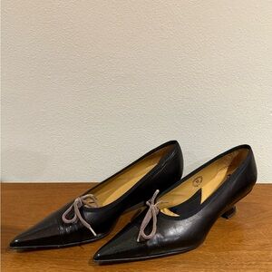 John Fluevog Black Leather Heels with Pink Laces